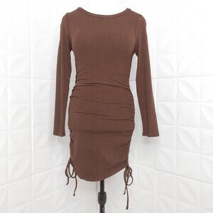 Brown Bodycon Stretch Ruched Dress Ribbed Knit Long Sleeve M Steve Madden
